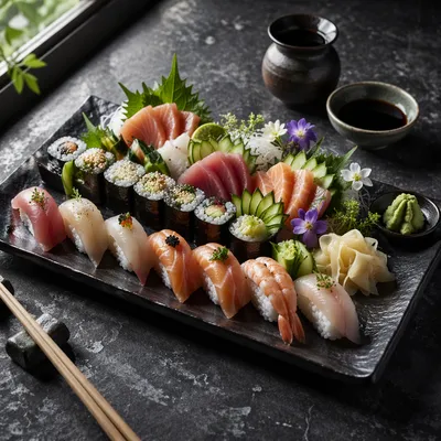Elegant Sushi Platter on Black Tray