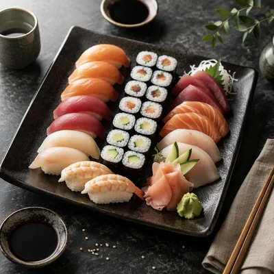 Elegant Sushi Platter on Black Tray