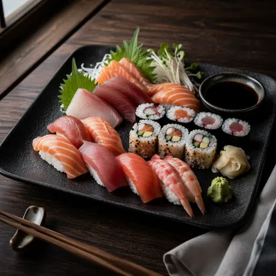 Elegant Sushi Platter on Black Tray