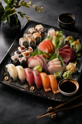 Elegant Sushi Platter on Black Tray