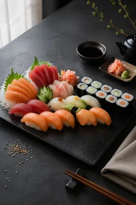 Elegant Sushi Platter on Black Tray