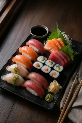 Elegant Sushi Platter on Black Tray