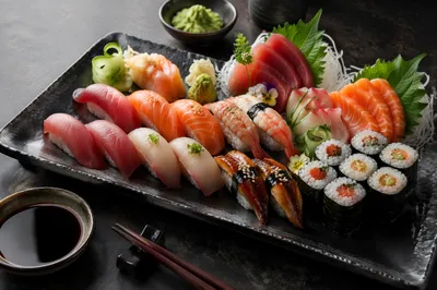 Elegant Sushi Platter on Black Tray