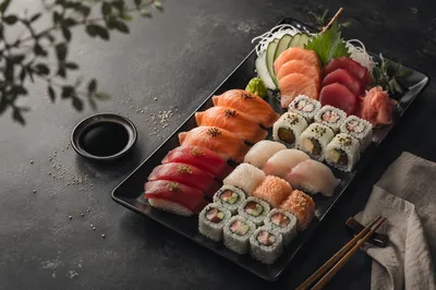 Elegant Sushi Platter on Black Tray