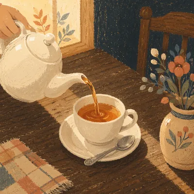 Cozy Ceramic Teapot Pouring Amber Tea