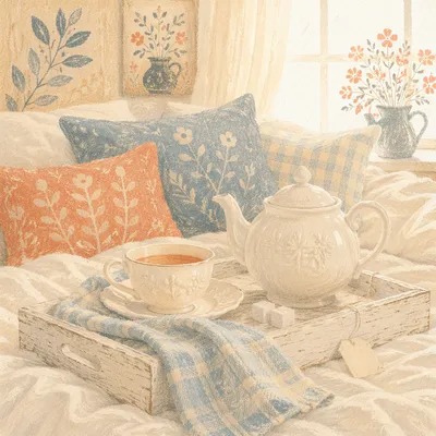 Cozy Morning Tea on White Breakfast Tray