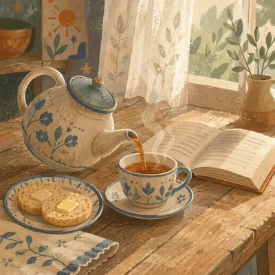Ceramic Teapot Pouring Tea on Table