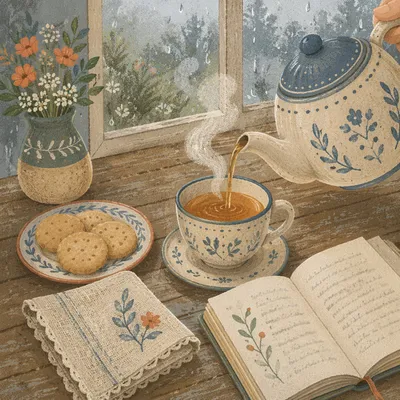 Cozy Tea Setting by Rainy Window
