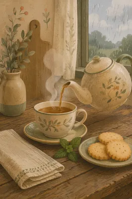 Cozy Ceramic Teapot and Tea Cup Morning