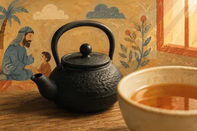 Cozy Ceramic Tea Cup and Black Teapot