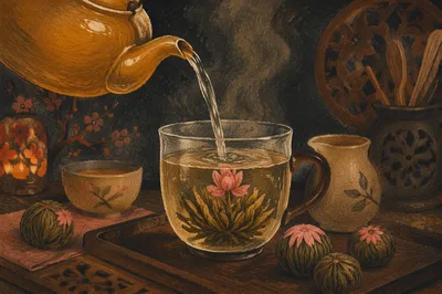 Cozy Amber Teapot Pouring Blooming Tea