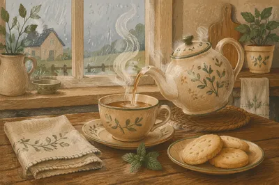 Cozy Ceramic Teapot and Tea Cup Morning