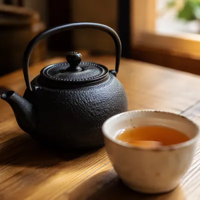Cozy Ceramic Tea Cup and Black Teapot