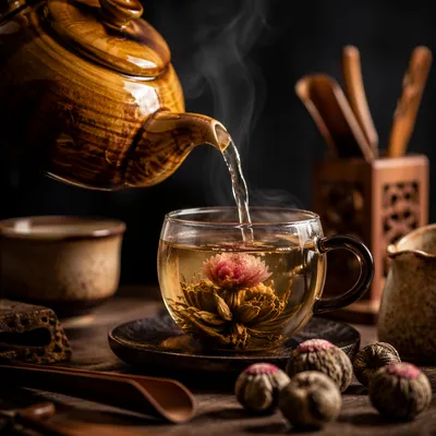 Cozy Ceramic Teapot Pouring Blooming Tea