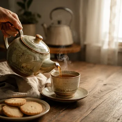 Cozy Ceramic Teapot Pouring Morning Tea
