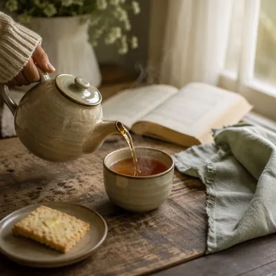 Ceramic Teapot Pouring Tea on Wooden Table