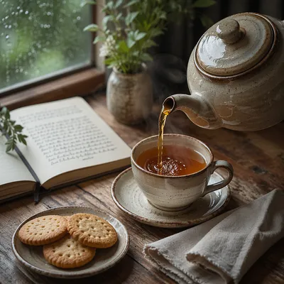 Cozy Tea Setting by Rainy Window