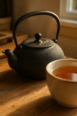 Cozy Ceramic Tea Cup and Black Teapot