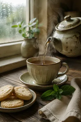 Cozy Ceramic Teapot and Tea Cup Morning