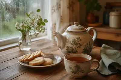 Cozy Ceramic Teapot and Tea Cup Still Life