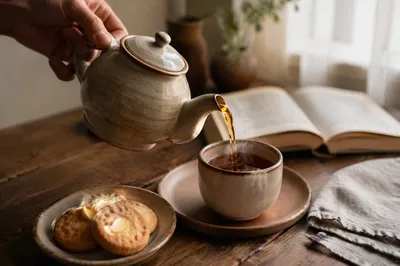 Ceramic Teapot Pouring Tea on Table