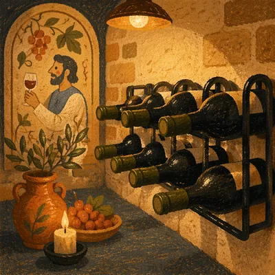 Rustic Red Wine Bottles in Cozy Cellar