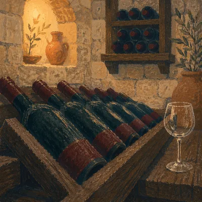 Rustic Wine Cellar with Glass and Bottles