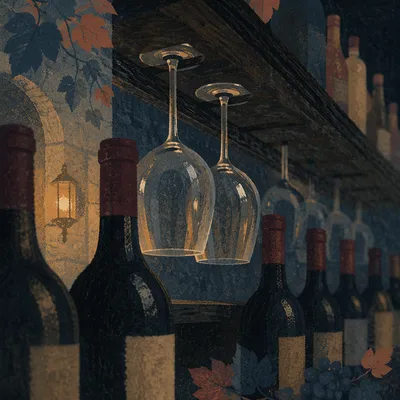 Moody Wine Cellar Glasses and Bottles