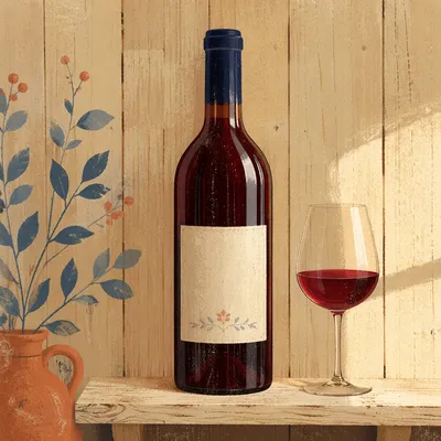 Rustic Red Wine Bottle in Wooden Cellar