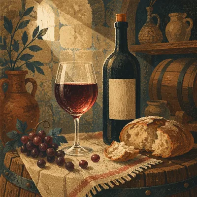 Rustic Wine Cellar Still Life with Bread