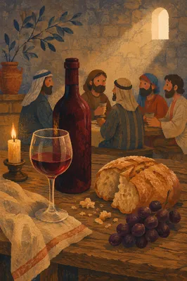 Rustic Wine and Bread in Candlelit Cellar
