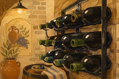 Rustic Red Wine Bottles in Cellar Rack