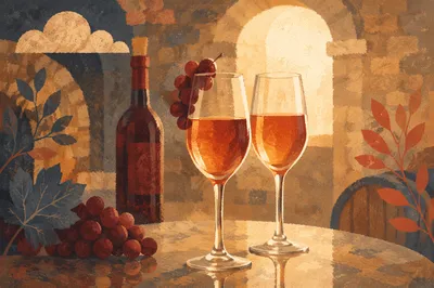 Glowing Rosé Flutes in Quiet Cellar
