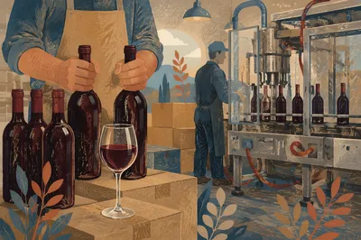 Ruby Wine Bottles in Winery Cellar