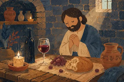 Rustic Wine and Bread in Candlelit Cellar