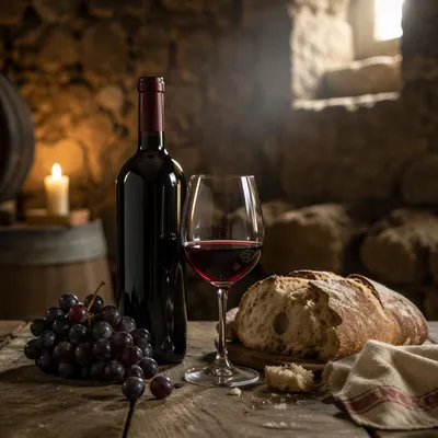 Candlelit Wine Glass and Rustic Cellar Table