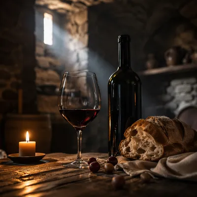 Reverent Wine and Bread Cellar Still Life