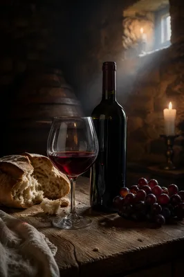 Rustic Wine and Bread in Stone Cellar