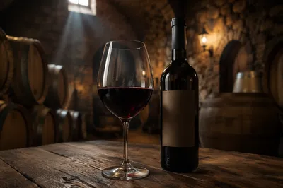 Red Wine Glass in Rustic Cellar
