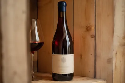 Ruby Wine Bottle on Rustic Cellar Shelf