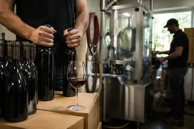 Ruby Wine Bottles in Winery Cellar
