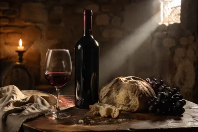 Rustic Wine Bread and Grapes in Cellar
