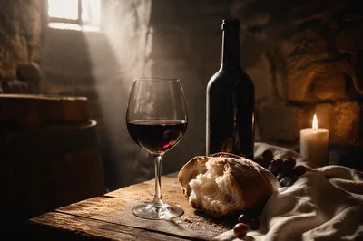 Reverent Wine and Bread in Stone Cellar