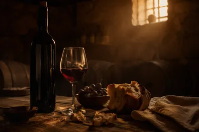Rustic Wine Glass in Stone Cellar