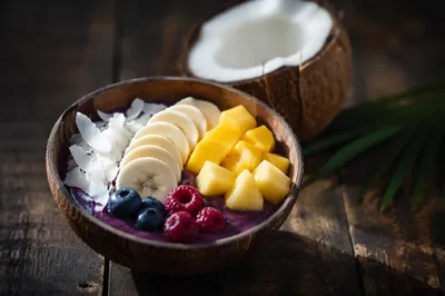 Tropical Acai Bowl in Coconut Shell