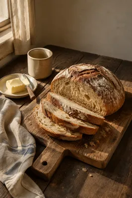 Rustic Artisan Sourdough Bread on Wooden Board