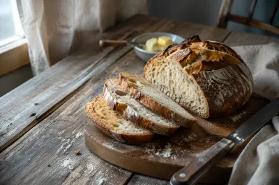 Rustic Sliced Artisan Sourdough on Wooden Board