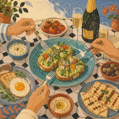 Avocado Toast Brunch on Mosaic Café Table