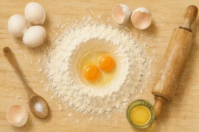 Overhead Baking Ingredients on Wooden Counter