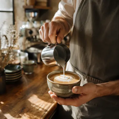 Barista Pouring Latte Art in Cozy Cafe